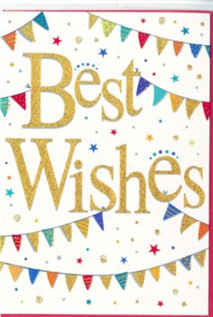 The congratulations card in the image radiates a warm, upbeat charm that feels perfectly suited to life's milestones celebrated around Uxbridge. Dominating the centre is the message Best Wishes, written in graceful, looping gold script that glows against a pure white background. The letters have a raised, textured look, likely finished with glitter or metallic foil, so that the light catches on each curve and stroke, creating a subtle shimmer reminiscent of late-afternoon sunshine over the canalside walks near Uxbridge Lock. Surrounding this focal text, strands of festive bunting arc across the top and bottom of the card, forming gentle, symmetrical curves that frame the golden words. Each tiny, neatly cut triangular pennant features a different, vivid shade-royal blue, crimson red, fresh green, bright yellow, and rich purple-with some bearing delicate patterns like polka dots, narrow stripes, or tiny mosaic-style motifs. A hint of sparkle on certain flags adds depth and suggests movement, as if the bunting might be swaying above an outdoor gathering in Hillingdon. Dotted throughout the open white spaces are small, colourful star shapes and confetti-like circles that echo the hues of the bunting and create a playful sense of motion. They look like fragments of joy drifting gently to rest after a burst of applause. The overall design remains airy and well-balanced, ensuring the eye always returns to the central golden message. This is the sort of card Flowers Uxbridge might include with congratulations bouquets for graduations, promotions, or new beginnings in nearby neighbourhoods, offering not only a courteous note but a visual expression of shared happiness and hopeful encouragement.