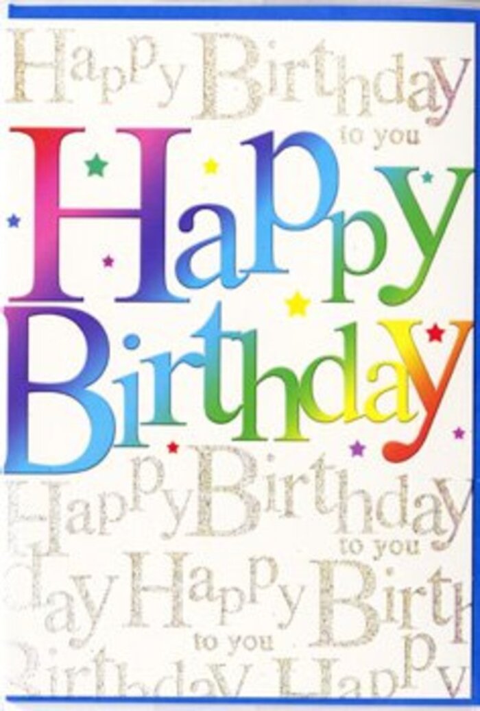 This birthday card captures the spirit of a lively Uxbridge celebration, as if it has bottled the feeling of friends arriving with flowers and cake on a bright afternoon. Dominating the design is the phrase Happy Birthday, written in large, expressive letters that curve gently, as though part of a welcoming banner stretched across a party table. Each letter is filled with a lush gradient of colour, blending from rich red and warm raspberry through peach, fuchsia, deep purple, royal blue, and aqua into lush green and mellow yellow. The transitions are soft, so there are no harsh edges-only an easy, harmonious flow of colour reminiscent of mixed blossoms in a hand-tied bouquet. The finish of the letters appears slightly glossy, suggesting they would catch the light if you turned the card beneath a window near Uxbridge High Street, giving off small, pleasing reflections. Surrounding this bold greeting are tiny, scattered stars and dots in joyful tones-turquoise, sunshine yellow, lavender, and rose pink-lightly sprinkled as though a handful of confetti has been tossed into the air. The background, in contrast, is refined and almost whisper-soft, covered in repeated lines of the phrase Happy Birthday to you in delicate gold script that winds across the card like slender ribbons. The metallic script shimmers subtly, more like a gentle gleam than a strong shine, adding depth and elegance without overpowering the main message. Together, the bold rainbow lettering and the intricate golden handwriting create a sense of thoughtfulness and care, making this card an ideal companion to a freshly arranged birthday bouquet delivered to a home near Hillingdon or along the quiet side streets of Cowley.