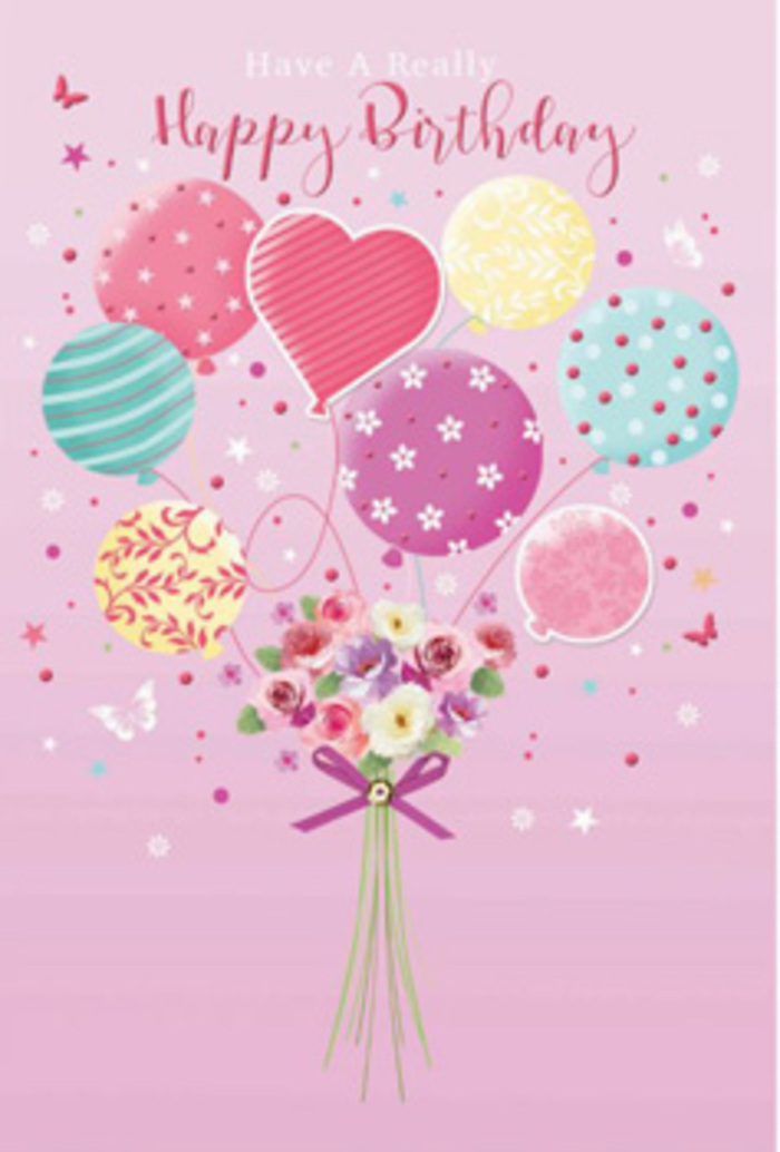 This charming birthday artwork captures the feeling of a light-hearted celebration drifting over Uxbridge, translated into a delicate scene of balloons and flowers. The card is washed in a gentle, pastel pink that evokes a calm, cheerful mood. Rising from the bottom of the image is a playful cluster of balloons, as if they have just lifted a small bouquet gently off a table near Uxbridge station. Each balloon is unique: some twist with ribbon-like stripes in rose and teal, others sparkle with small, evenly spaced polka dots, and a few are brushed with tiny blossoms that echo the flowers below. The palette of sea green, sunshine yellow, soft pink, and lavender feels like springtime along the Grand Union Canal, subtle yet full of life. Nestled at the base, a petite hand-tied bouquet of roses and daisy-like flowers gathers in a loose cluster. Their petals are rendered in layers of cream, blush, and mauve, the shading giving them a velvety depth that suggests real blooms freshly arranged for local delivery. Slender stems and hints of green foliage support the flowers, while a sleek purple satin bow ties them together with a careful, practiced touch. Around the balloons and bouquet, tiny stars, sparkles, and butterfly silhouettes drift through the air, suggesting the flutter of excitement that comes with opening a birthday card chosen with care. The light across the illustration is soft and even, allowing every pastel shade to glow just enough, creating a mood that is both playful and tender-perfect for sending warm birthday wishes anywhere across Uxbridge.