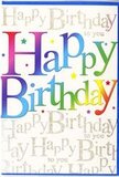 This colourful birthday card looks as if it has been designed to sit beside a bright arrangement of flowers on a kitchen table in Uxbridge, radiating warmth and excitement. The central message, Happy Birthday, is written in generous, rounded letters that reach confidently across the card, each one drenched in a rich gradient that moves from deep crimson and berry pink through sunset orange and saturated purple into sapphire blue, sea green, and finally a golden, candle-flame yellow. The blended colours feel fluid and joyful, like the changing hues of the sky above Brunel University on a clear evening. The letters appear slightly raised, with a smooth, semi-gloss texture that would glide under your fingertips. Clustered around the main text are tiny starbursts and delicate dots in vivid colours-lime, turquoise, rose, and soft gold-creating the impression of confetti scattered mid-flight around the greeting. Layered quietly behind this, the background is filled with repeated lines of the phrase Happy Birthday to you, written in slim, looping gold script that intertwines across the card in gently undulating rows. The metallic script has a refined, subtle shimmer, adding sophistication without stealing attention from the bold rainbow lettering. The combined effect is that of a joyful yet carefully composed design, with every detail contributing to the sense of celebration. It feels like the sort of card a local florist in Uxbridge would choose to accompany a same-day birthday delivery, arriving at a doorstep near Fassnidge Park and instantly bringing colour, sparkle, and heartfelt wishes into the recipient's home.
