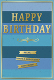 This tasteful birthday card, envisioned here on the counter of a Uxbridge flower shop, offers a gentle sense of celebration through its soothing blue tones and gleaming gold accents. The background is arranged in broad, horizontal stripes that sweep across the card from left to right, each band a slightly different shade of blue. Starting from the bottom, a deep navy gradually lifts into rich ocean and teal hues, then softens into a pale, airy sky blue at the top, much like watching clouds drift over the canal near Uxbridge Lock. Centered in this calming gradient, the words HAPPY BIRTHDAY are embossed in large, uppercase gold letters. The metallic gold surface reflects the light with a soft shimmer, giving the impression of gentle movement as the card is tilted or turned. Beneath this main greeting, a delicate golden flourish runs horizontally, its elegant curves lending a timeless, almost vintage character to the design. Below the flourish, three slim gold banners are neatly aligned, each bearing the warm, easygoing message: Relax, have a great day and enjoy! These words, combined with the tranquil blues, convey a sense of unhurried enjoyment, as though the day should unfold at a comfortable pace. A fine gold border encloses the design, offering a subtle yet reassuring frame. The card stock appears smooth and velvety to the touch, with the raised, glossy gold elements adding a pleasing contrast. It's the kind of card that would sit perfectly beside a fresh birthday bouquet in a Uxbridge home, quietly enhancing the feeling of a day set aside for rest, kindness, and thoughtful celebration.